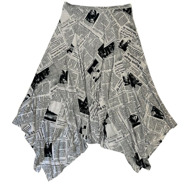 Vintage 90s Black and White Newsprint Midi Skirt Sharkbite Hem Artsy Large USA - Picture 7 of 16